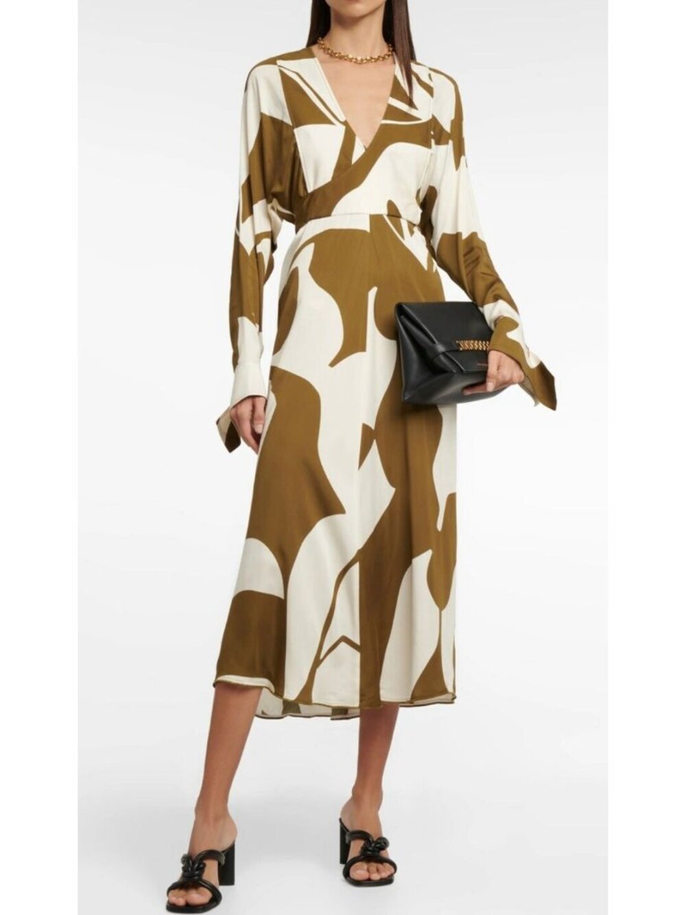 Victoria Beckham Printed Wrap Midi Dress Khaki Cream Size US 6 UK 10